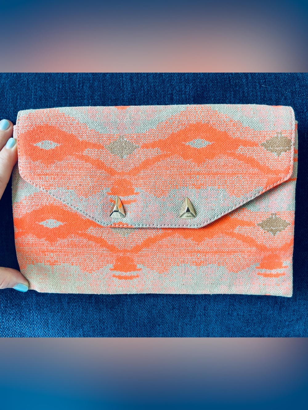 Stella & Dot Aztec Western Orange Khaki Patterned Envelope Clutch